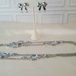 Silver Tone Bow Stud Earrings and Talbot's Double Chain Blue Gemstone  Necklace